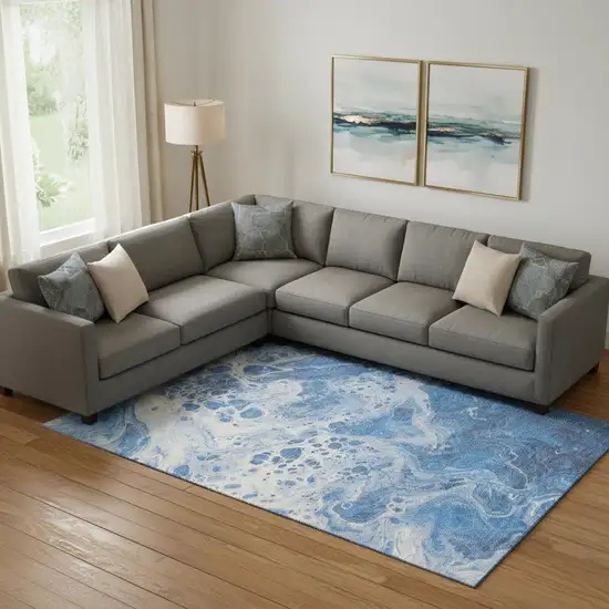 Navy Blue And Ivory Abstract Washable Area Rug With UV Protection Photo 2