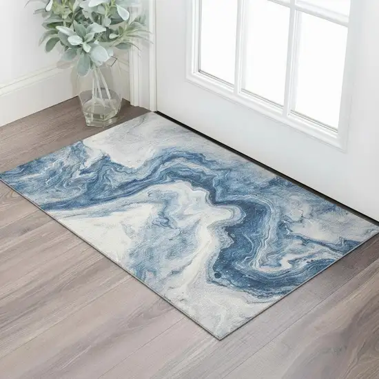 Navy Blue And Ivory Abstract Washable Area Rug With UV Protection Photo 2