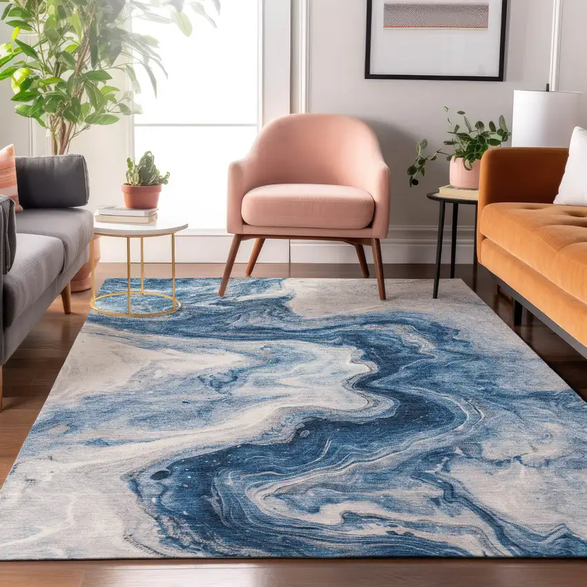 Navy Blue And Ivory Abstract Washable Area Rug With UV Protection Photo 5