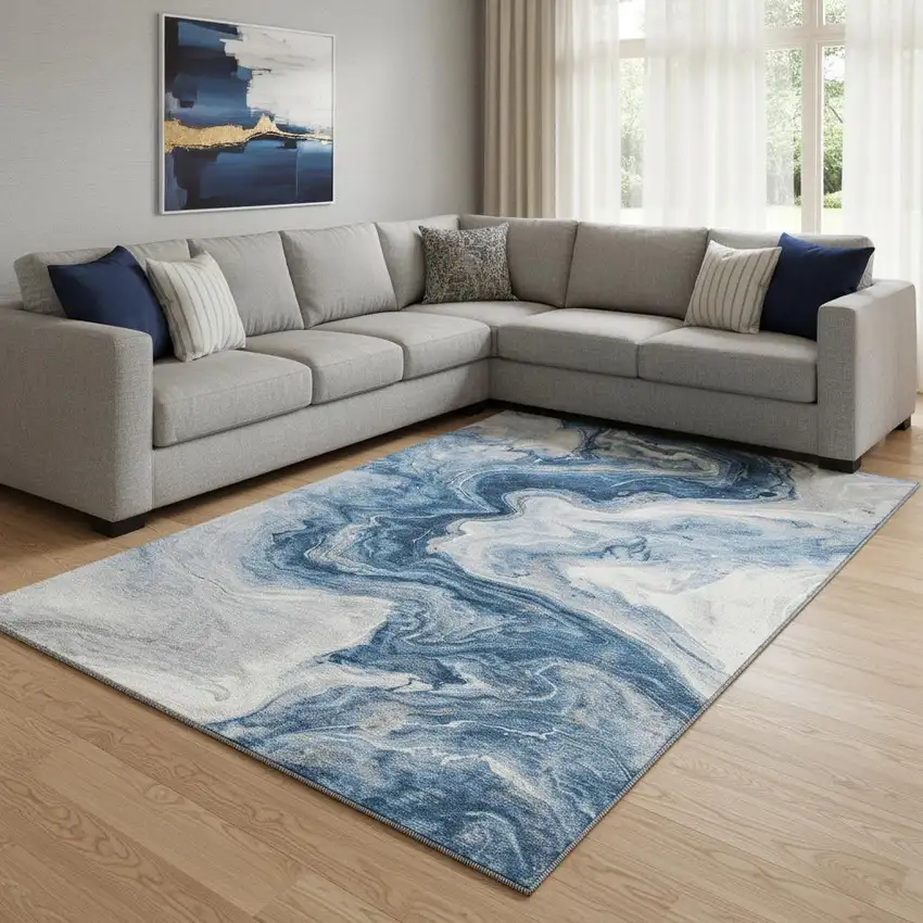 Navy Blue And Ivory Abstract Washable Area Rug With UV Protection Photo 2
