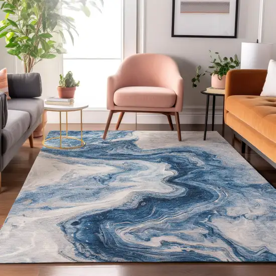 Navy Blue And Ivory Abstract Washable Area Rug With UV Protection Photo 5