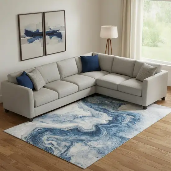 Navy Blue And Ivory Abstract Washable Area Rug With UV Protection Photo 2