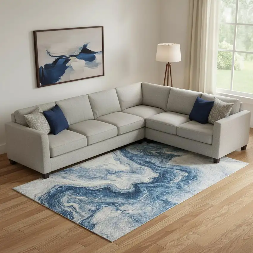 Navy Blue And Ivory Abstract Washable Area Rug With UV Protection Photo 2