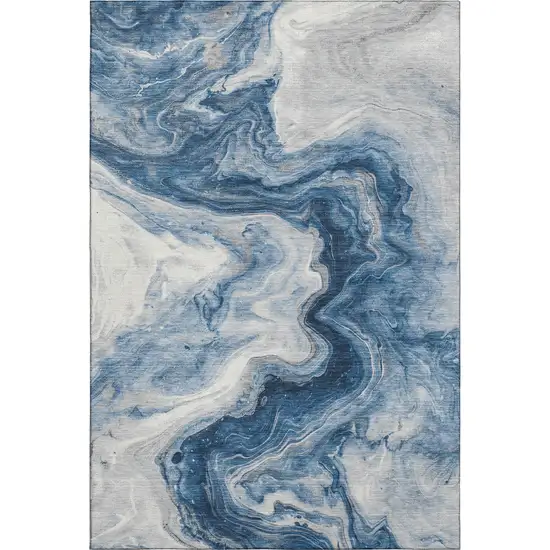 Navy Blue And Ivory Abstract Washable Area Rug With UV Protection Photo 1