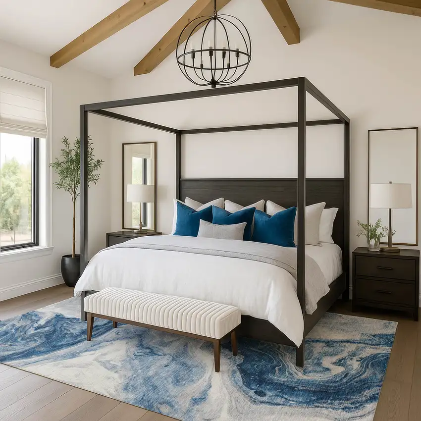 Navy Blue And Ivory Abstract Washable Area Rug With UV Protection Photo 4