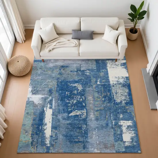 Navy Blue And Ivory Abstract Washable Area Rug With UV Protection Photo 5
