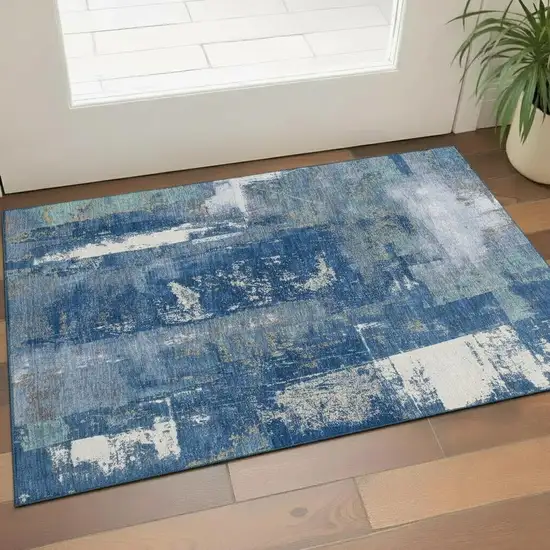 Navy Blue And Ivory Abstract Washable Area Rug With UV Protection Photo 2