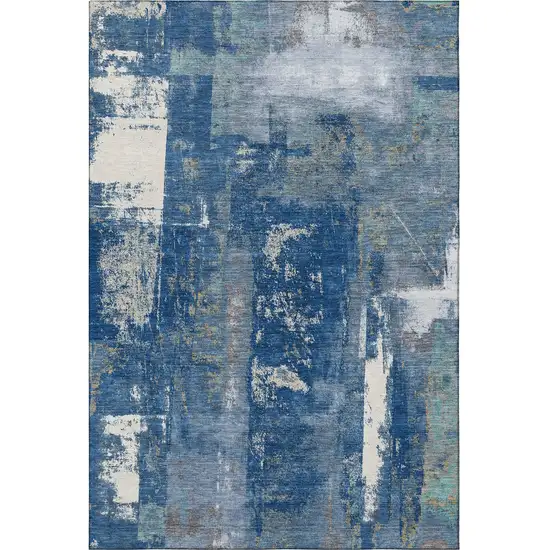 Navy Blue And Ivory Abstract Washable Area Rug With UV Protection Photo 3