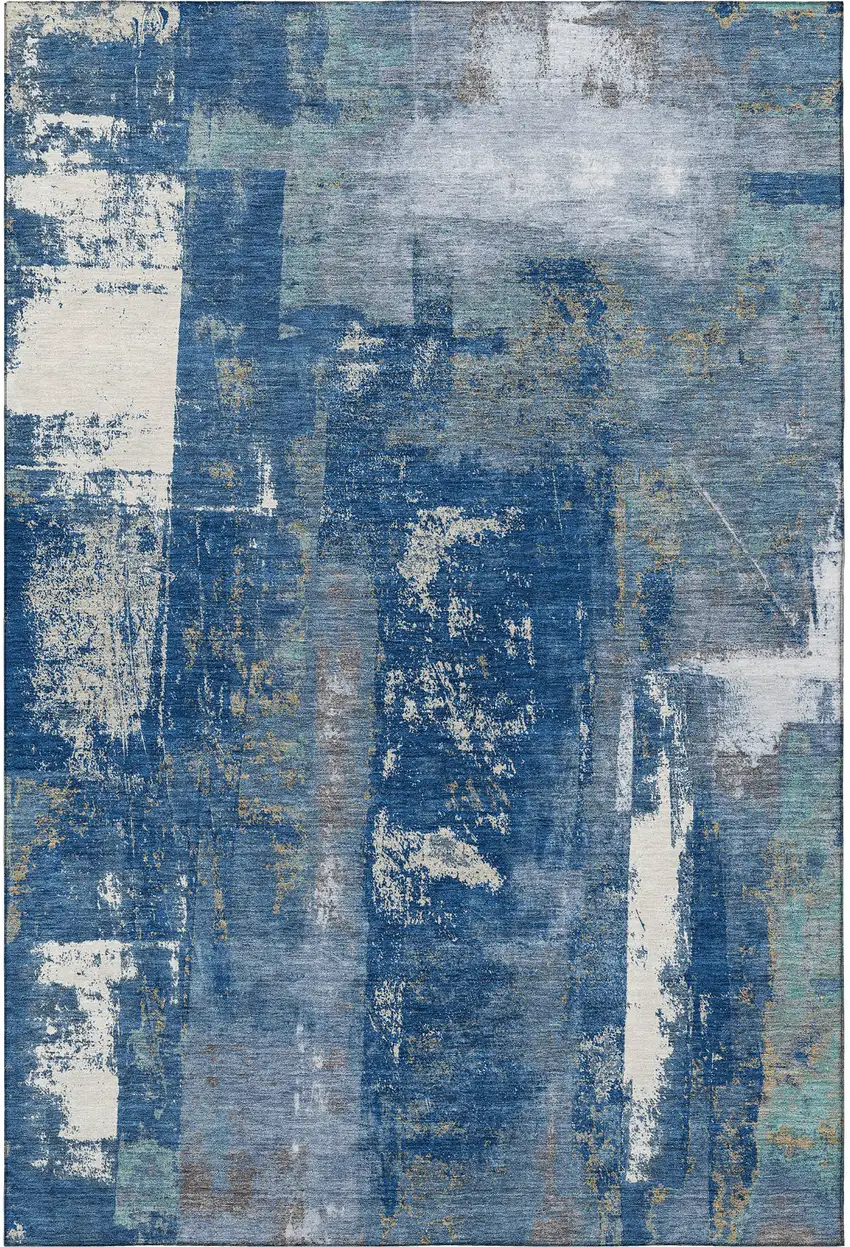Navy Blue And Ivory Abstract Washable Area Rug With UV Protection Photo 3
