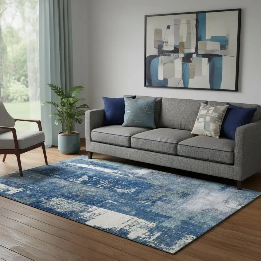 Navy Blue And Ivory Abstract Washable Area Rug With UV Protection Photo 2