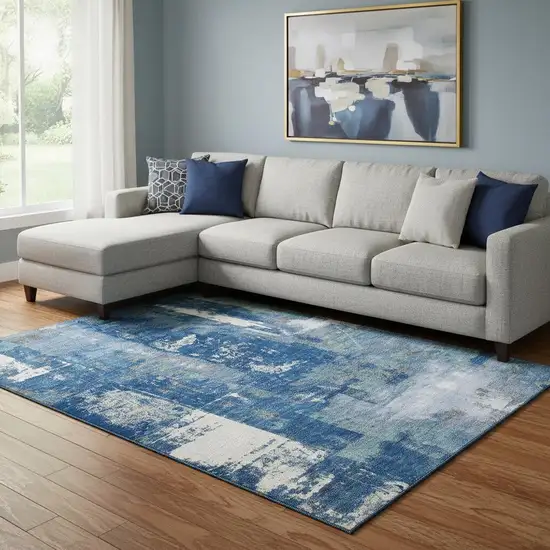 Navy Blue And Ivory Abstract Washable Area Rug With UV Protection Photo 2