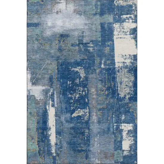 Navy Blue And Ivory Abstract Washable Area Rug With UV Protection Photo 1