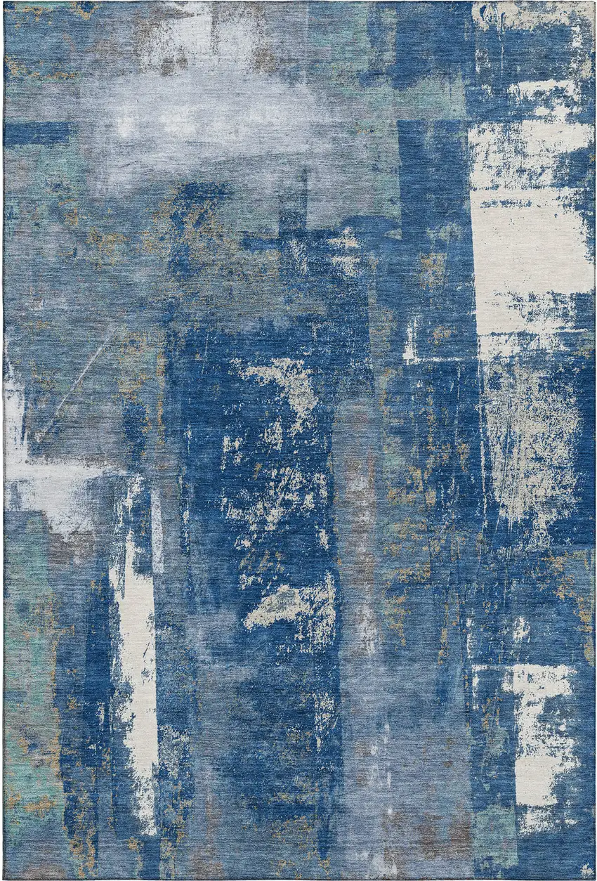 Navy Blue And Ivory Abstract Washable Area Rug With UV Protection Photo 1