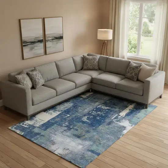 Navy Blue And Ivory Abstract Washable Area Rug With UV Protection Photo 2