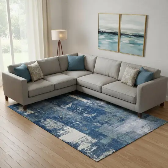 Navy Blue And Ivory Abstract Washable Area Rug With UV Protection Photo 2