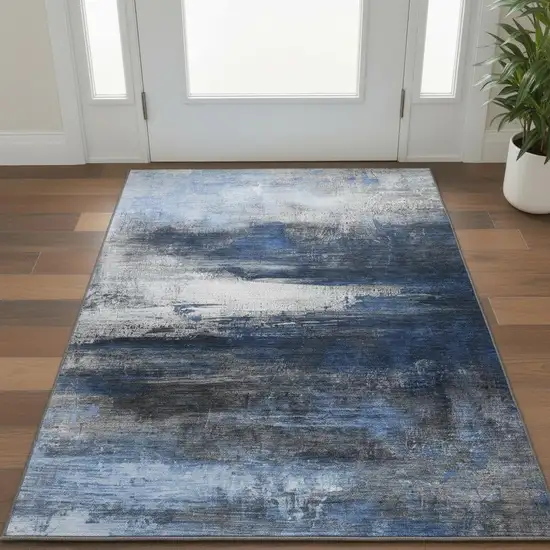 Navy Blue And Ivory Abstract Washable Area Rug With UV Protection Photo 2