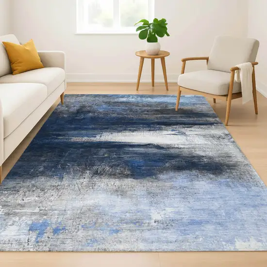 Navy Blue And Ivory Abstract Washable Area Rug With UV Protection Photo 6