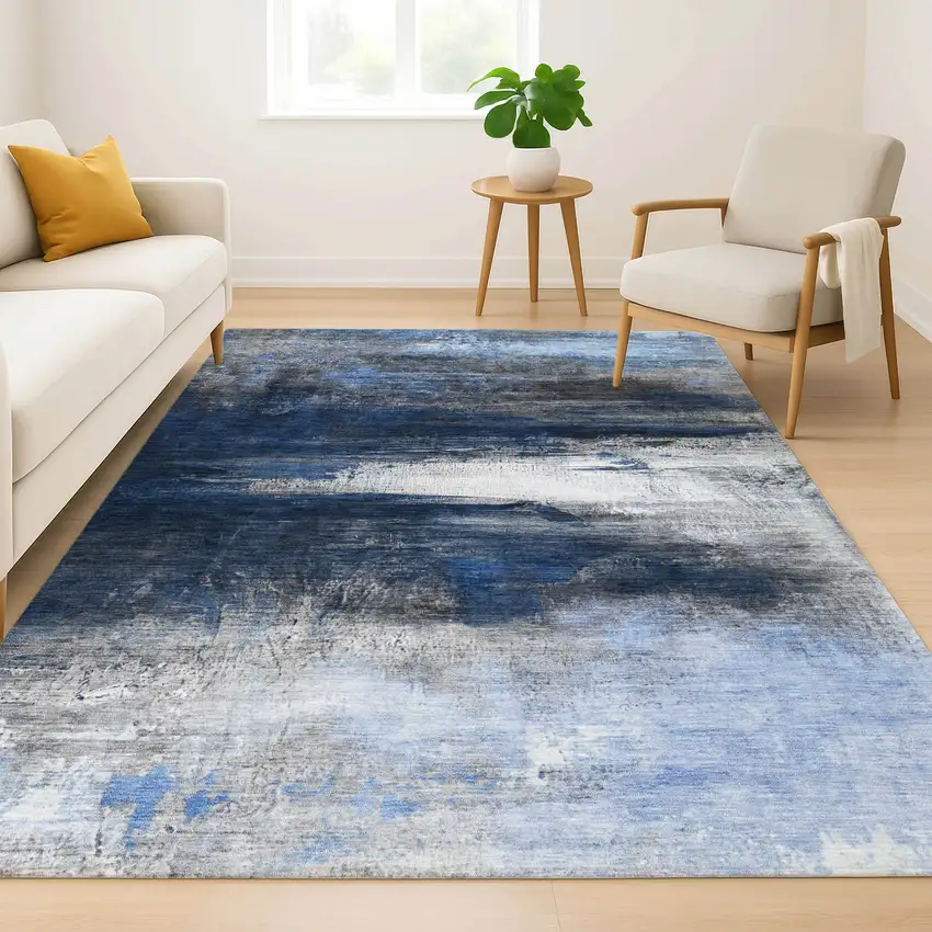 Navy Blue And Ivory Abstract Washable Area Rug With UV Protection Photo 6