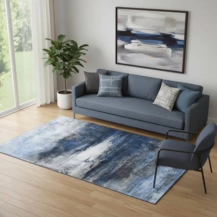 Navy Blue And Ivory Abstract Washable Area Rug With UV Protection Photo 2