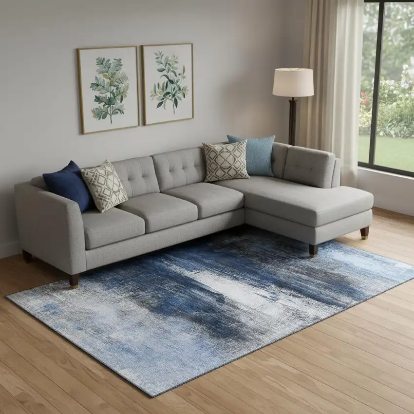 Navy Blue And Ivory Abstract Washable Area Rug With UV Protection Photo 2