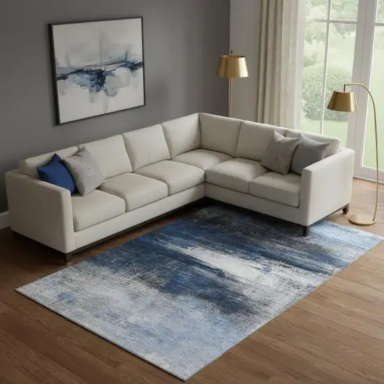 Navy Blue And Ivory Abstract Washable Area Rug With UV Protection Photo 2