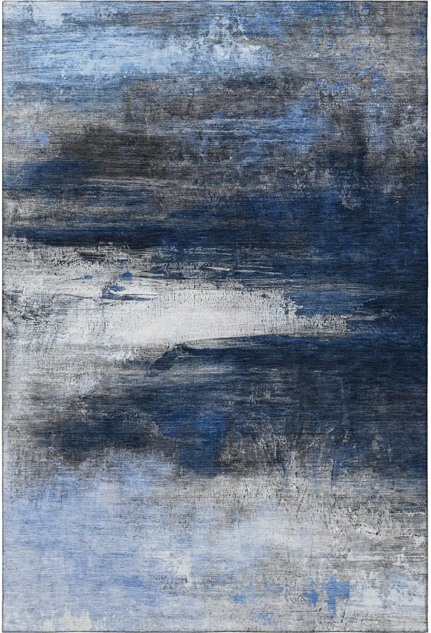 Navy Blue And Ivory Abstract Washable Area Rug With UV Protection Photo 4
