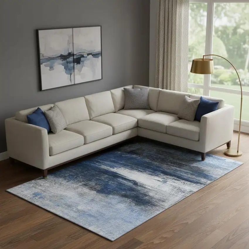 Navy Blue And Ivory Abstract Washable Area Rug With UV Protection Photo 2