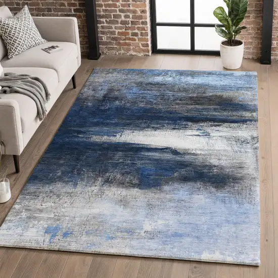 Navy Blue And Ivory Abstract Washable Area Rug With UV Protection Photo 5