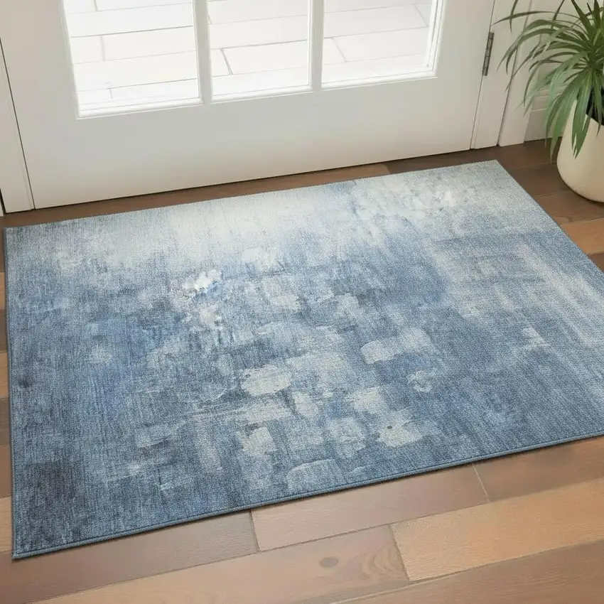 Navy Blue And Ivory Abstract Washable Area Rug With UV Protection Photo 2
