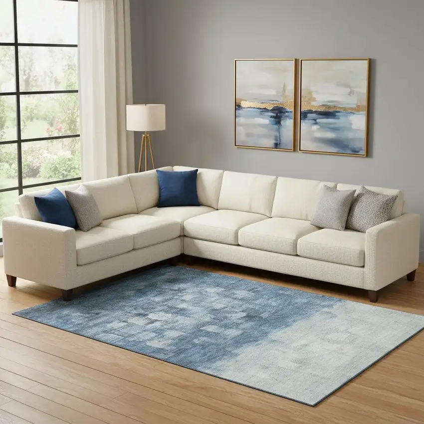 Navy Blue And Ivory Abstract Washable Area Rug With UV Protection Photo 2