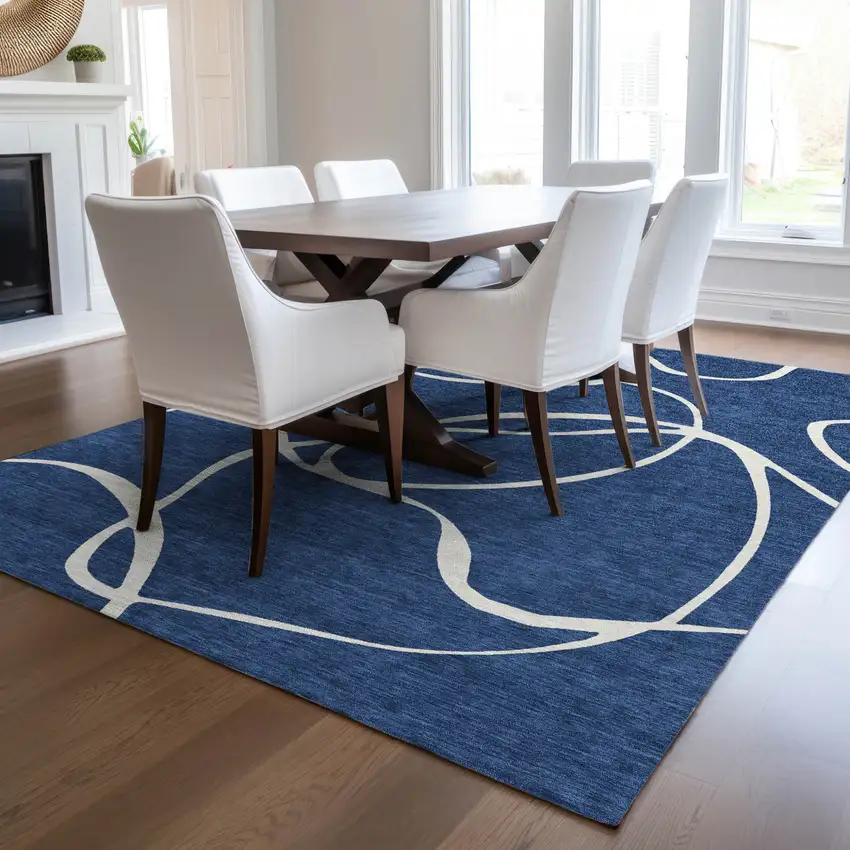Navy Blue And Ivory Abstract Washable Indoor Outdoor Area Rug Photo 9