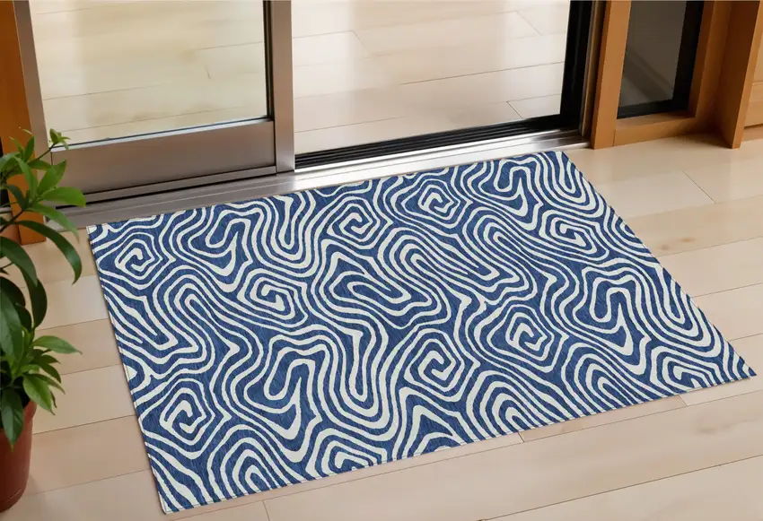 Navy Blue And Ivory Abstract Washable Indoor Outdoor Area Rug Photo 1
