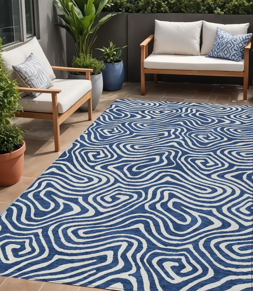 Navy Blue And Ivory Abstract Washable Indoor Outdoor Area Rug Photo 1