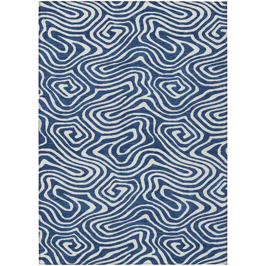 Navy Blue And Ivory Abstract Washable Indoor Outdoor Area Rug Photo 2
