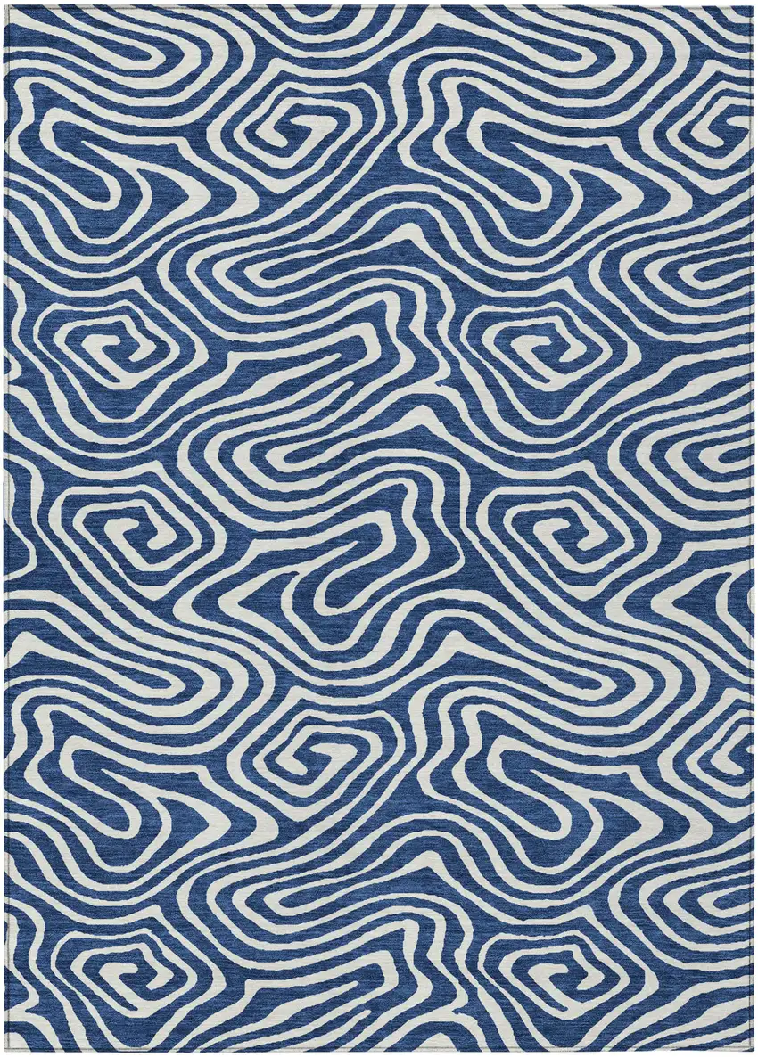 Navy Blue And Ivory Abstract Washable Indoor Outdoor Area Rug Photo 2