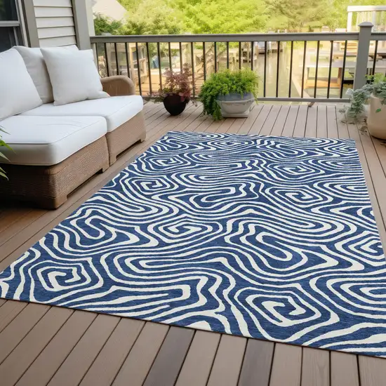 Navy Blue And Ivory Abstract Washable Indoor Outdoor Area Rug Photo 8