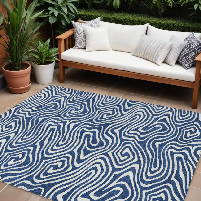 Navy Blue And Ivory Abstract Washable Indoor Outdoor Area Rug Photo 1