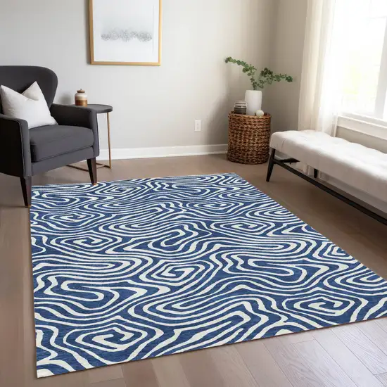 Navy Blue And Ivory Abstract Washable Indoor Outdoor Area Rug Photo 9