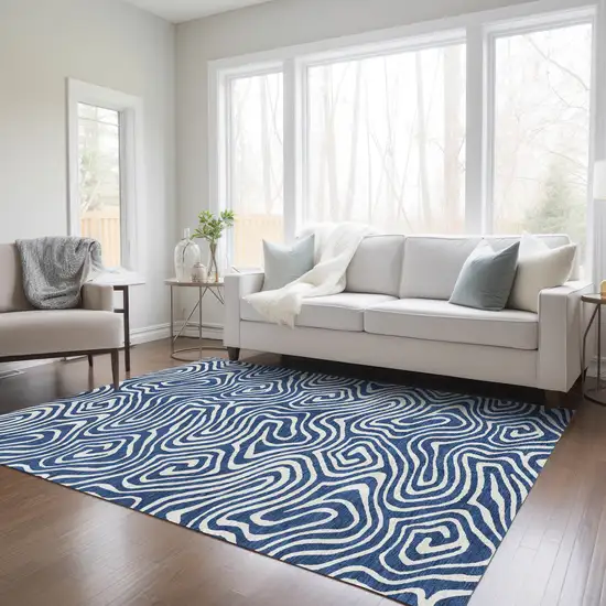 Navy Blue And Ivory Abstract Washable Indoor Outdoor Area Rug Photo 8