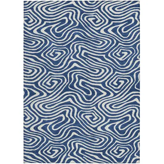 Navy Blue And Ivory Abstract Washable Indoor Outdoor Area Rug Photo 6