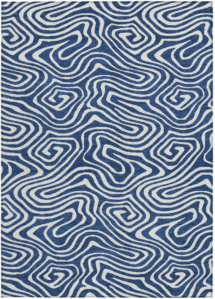 Navy Blue And Ivory Abstract Washable Indoor Outdoor Area Rug Photo 6