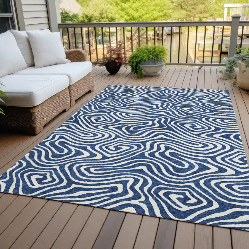 Navy Blue And Ivory Abstract Washable Indoor Outdoor Area Rug Photo 7