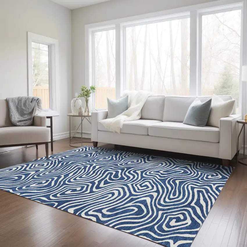 Navy Blue And Ivory Abstract Washable Indoor Outdoor Area Rug Photo 9