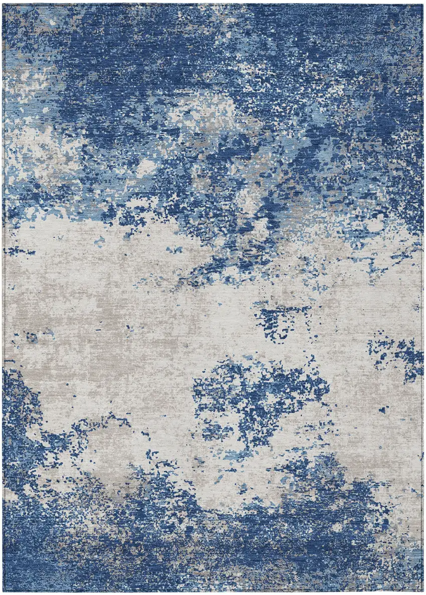 Navy Blue And Ivory Abstract Washable Indoor Outdoor Area Rug Photo 2