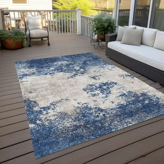 Navy Blue And Ivory Abstract Washable Indoor Outdoor Area Rug Photo 8