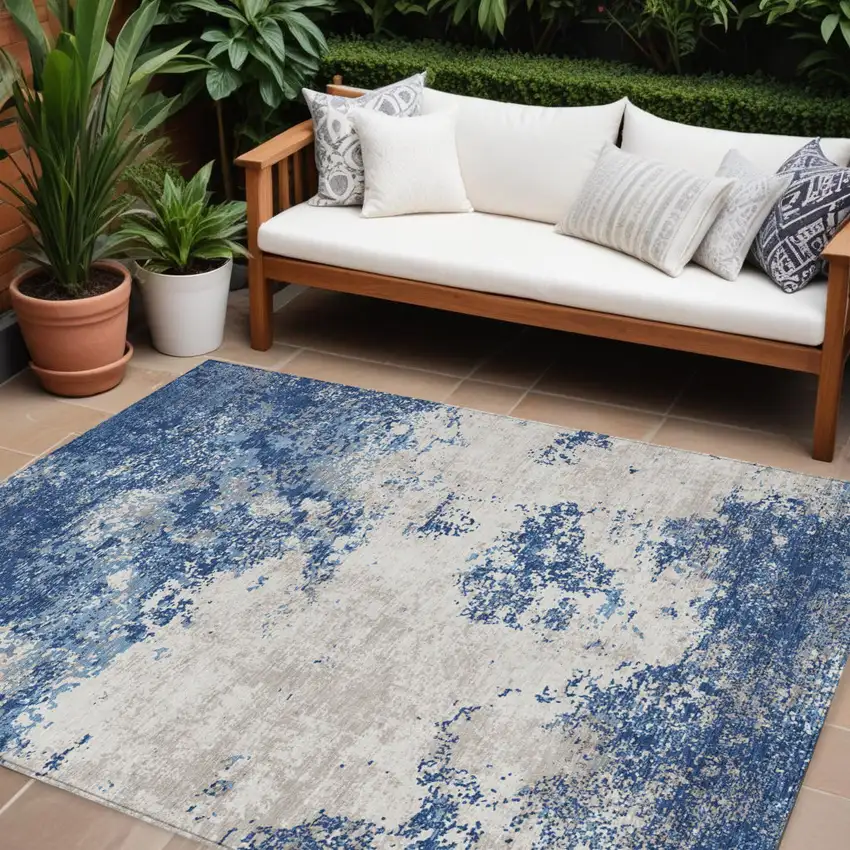 Navy Blue And Ivory Abstract Washable Indoor Outdoor Area Rug Photo 1