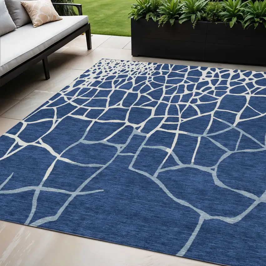 Navy Blue And Ivory Abstract Washable Indoor Outdoor Area Rug Photo 1