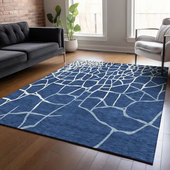 Navy Blue And Ivory Abstract Washable Indoor Outdoor Area Rug Photo 8