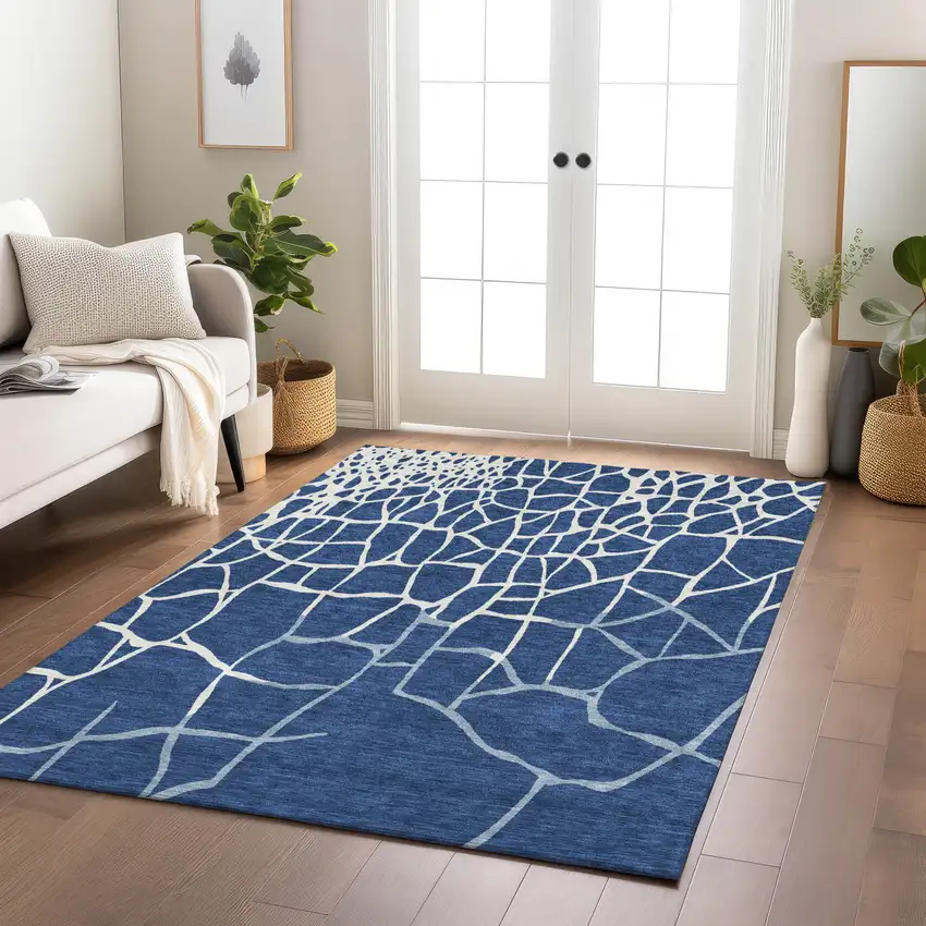Navy Blue And Ivory Abstract Washable Indoor Outdoor Area Rug Photo 9