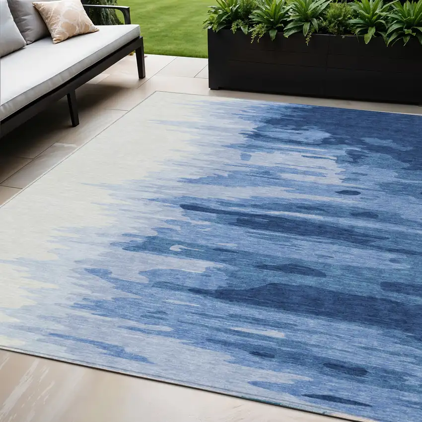 Navy Blue And Ivory Abstract Washable Indoor Outdoor Area Rug Photo 1